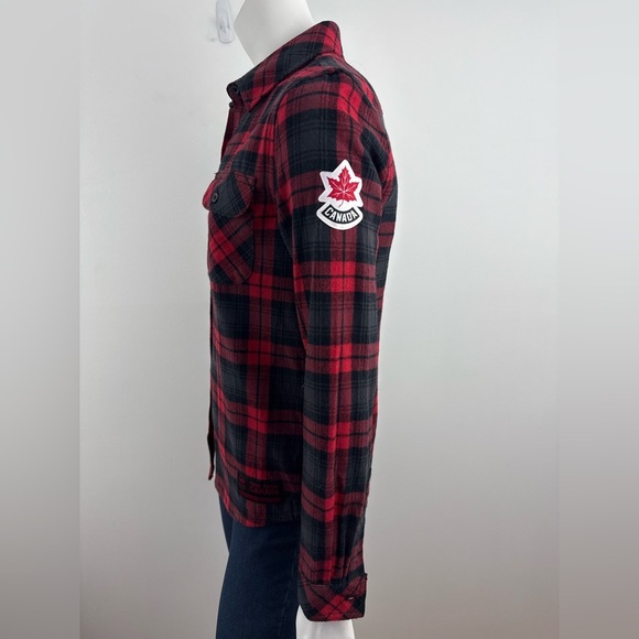 HBC Team Canada Red and Black Plaid Button-Down cotton flannel Shirt size XS - Picture 4 of 9